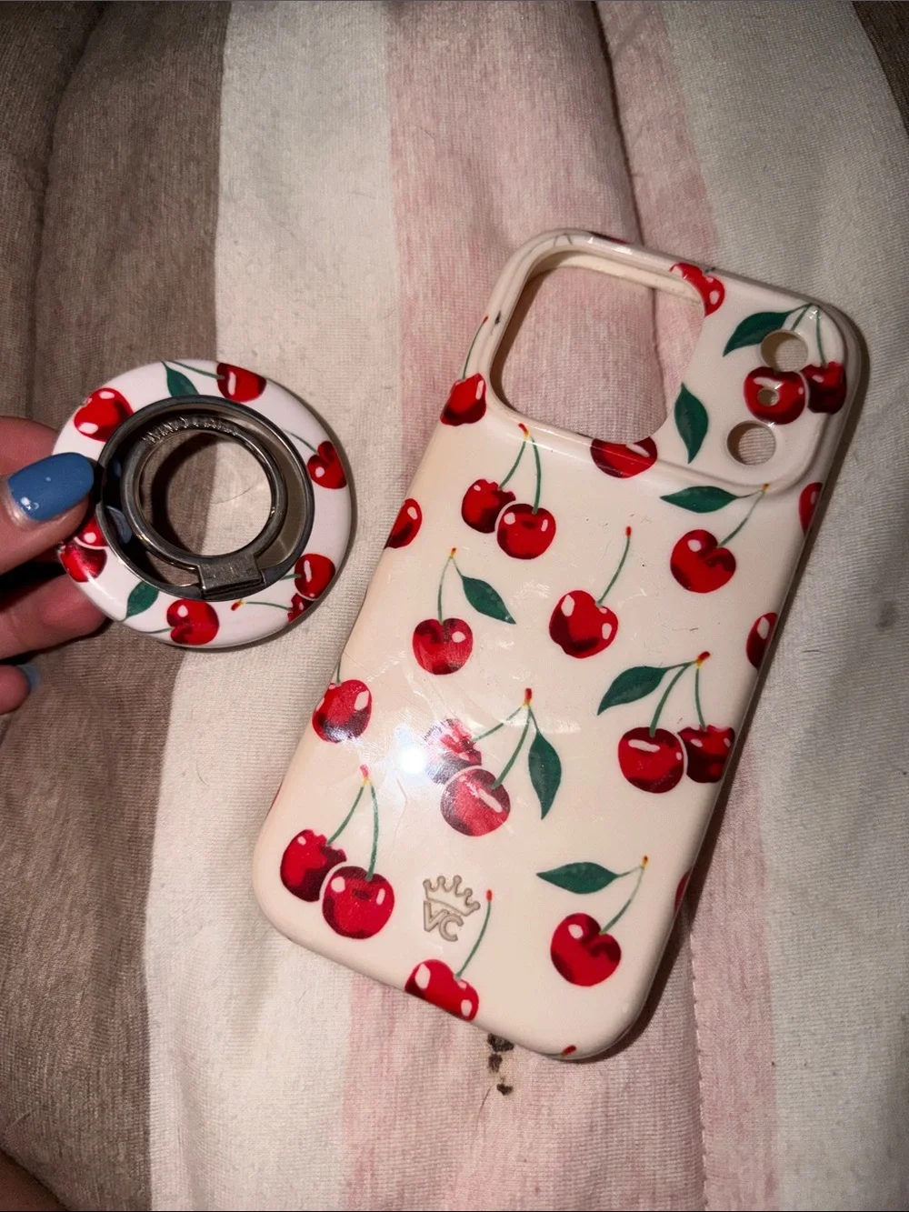 Velvet Caviar Cherry Print Phone Case with Ring Holder - Cream, Red, Green